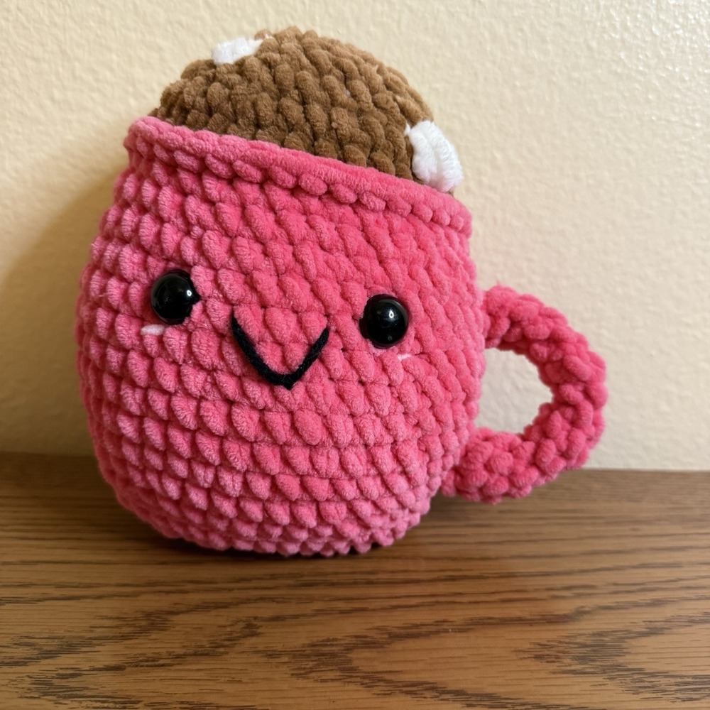 Handmade Crochet Pink Mug Hot Cocoa Plushie Amigurumi Kawaii 6.5" Soft Yarn